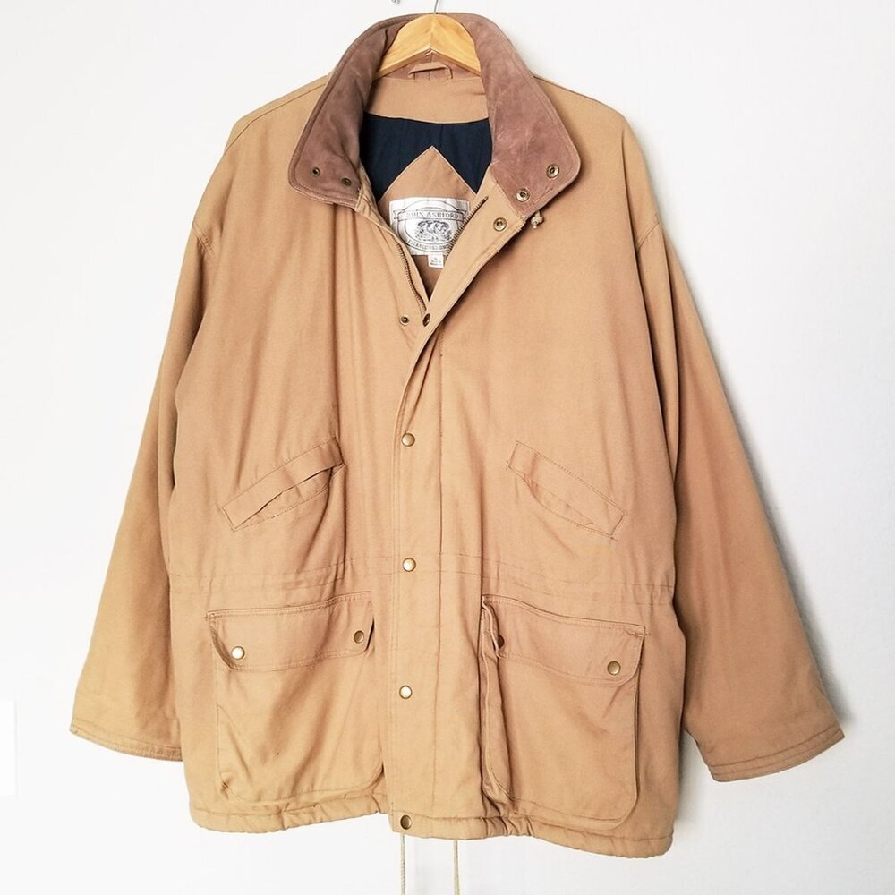 John Ashford Barn Jacket Chore Coat XL Leather Collar Utility Drawstrings Warm
